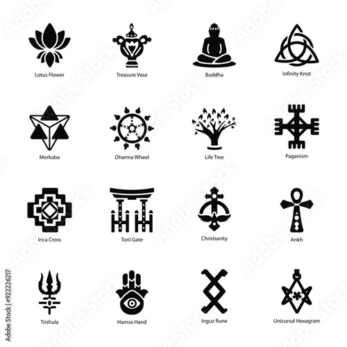 Collection of Buddhist Symbols Glyph Icons

