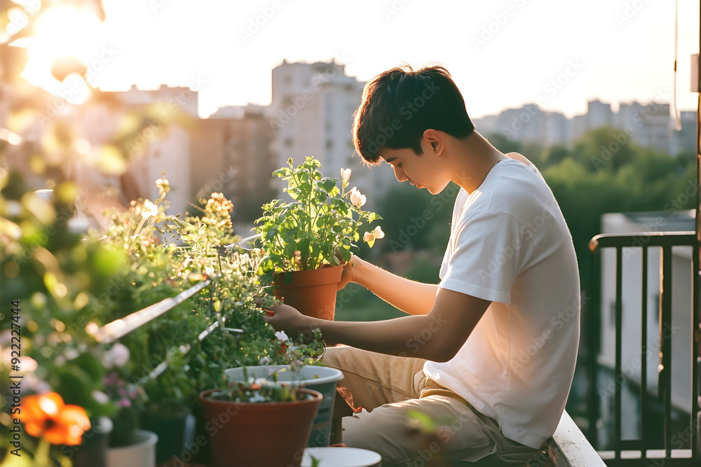 Young man tending plants on a balcony garden at sunset, focused on nurturing a potted plant with the warm glow of the setting sun illuminating the scene Young man tending plants on a balcony garden at sunset, focused on nurturing a potted plant with the warm glow of the setting sun illuminating the scene