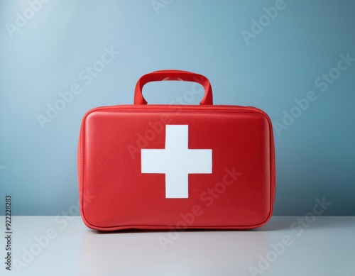 A red first aid kit with a white medical cross on the front, placed against a light blue background, symbolizing emergency preparedness and healthcare.