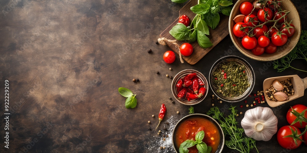 Variety of fresh ingredients including tomatoes, herbs, and spices used in Italian cuisine preparation displayed artfully. Variety of fresh ingredients including tomatoes, herbs, and spices used in Italian cuisine preparation displayed artfully.