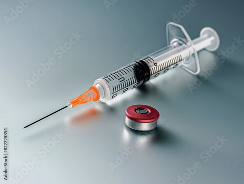 A syringe with an orange tip and a red and silver pill bottle photo