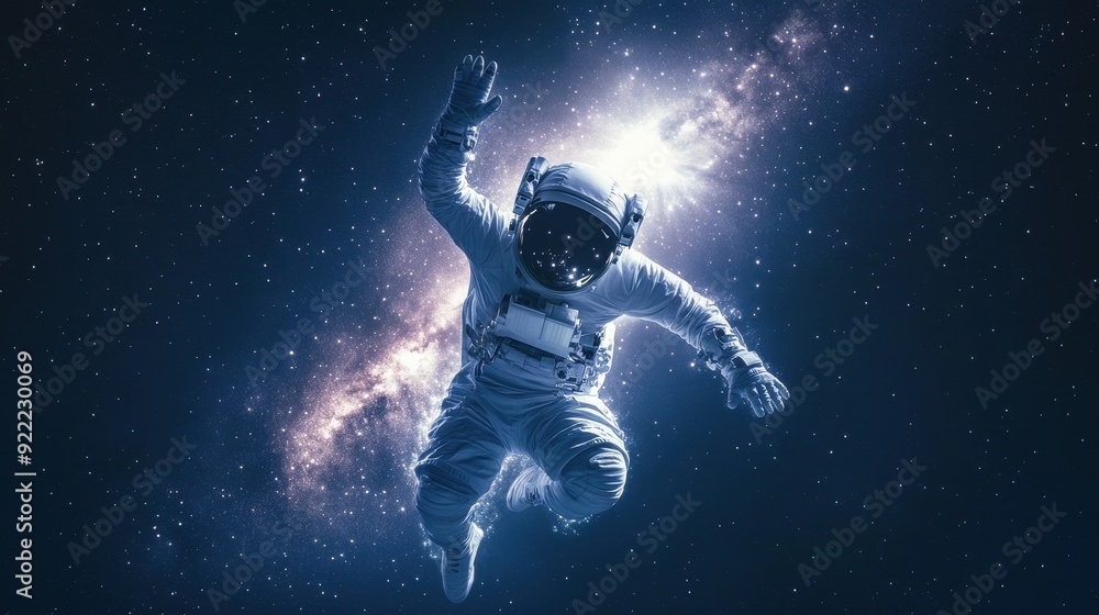 Astronaut floating in zero gravity with milky way galaxy background Astronaut floating in zero gravity with milky way galaxy background