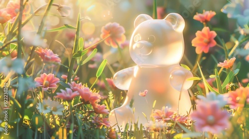 Bear made of glass in a flower garden