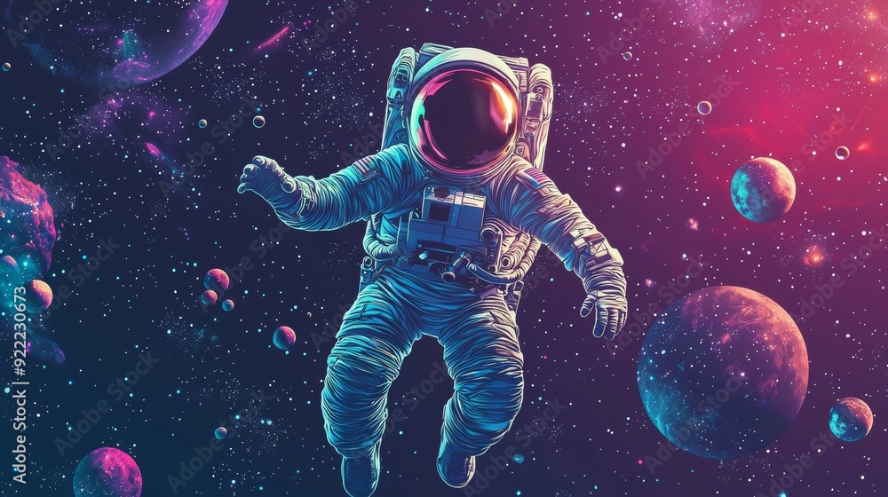 Astronaut Floating in Vibrant Cosmic Space with Planets Astronaut Floating in Vibrant Cosmic Space with Planets
