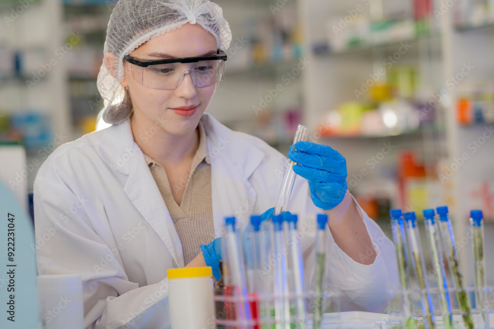 Scientists prepare for the experiment by wearing latex gloves. An experimenter arranges experimental equipment on a table with test tubes and chemicals for making drugs and biochemical for human. Scientists prepare for the experiment by wearing latex gloves. An experimenter arranges experimental equipment on a table with test tubes and chemicals for making drugs and biochemical for human.