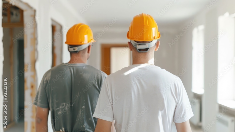 Two construction workers wearing hardhats are installing new doors in a home interior showcasing the deep depth of field and attention to detail in the home renovation project Two construction workers wearing hardhats are installing new doors in a home interior showcasing the deep depth of field and attention to detail in the home renovation project