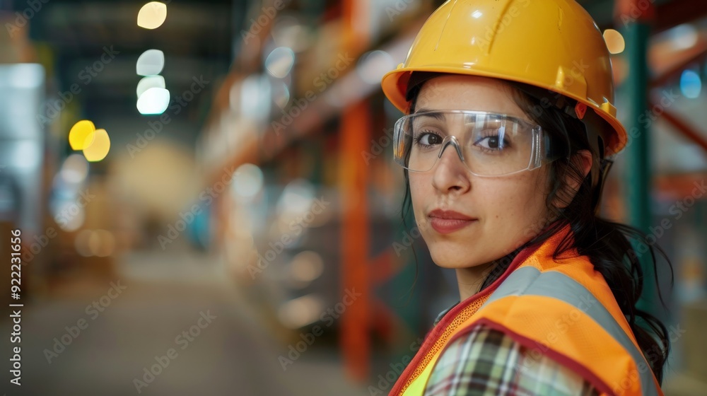 Female worker in a yellow helmet and goggles, wearing a neon orange reflective vest, standing on an industrial site, committed to maintaining high safety standards. Female worker in a yellow helmet and goggles, wearing a neon orange reflective vest, standing on an industrial site, committed to maintaining high safety standards.