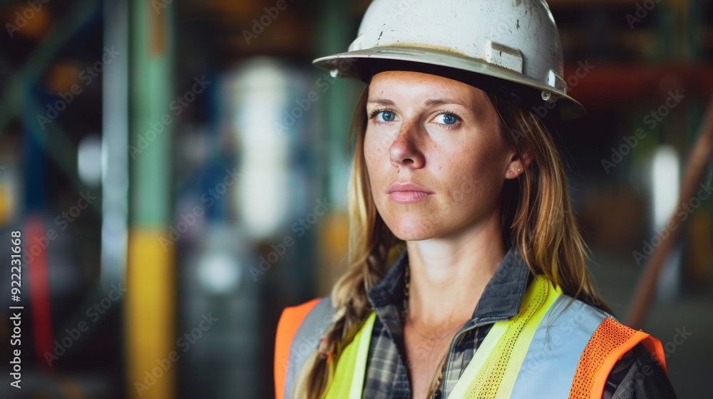Female worker wearing a white helmet and neon reflective vest in a warehouse, representing professionalism and dedication to safety and efficiency in her work. Female worker wearing a white helmet and neon reflective vest in a warehouse, representing professionalism and dedication to safety and efficiency in her work.