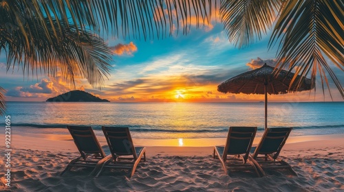 Fototapeta Naklejka Na Ścianę i Meble -  Beautiful panoramic nature. Tropical beach sunset as summer island landscape with chairs umbrella palm leaves calm sea shore, coast. Luxury travel panoramic destination banner for vacation or holiday 