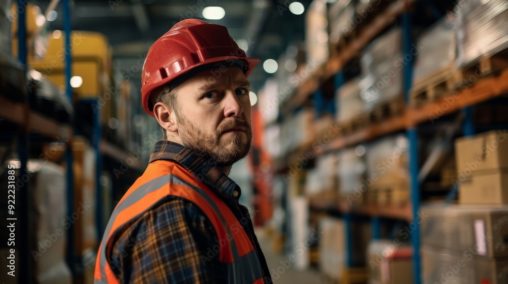 custom made wallpaper toronto digitalA male worker with a beard and a serious expression stands in a warehouse, wearing a red hard hat and an orange high-visibility vest. The scene is industrial and organized.