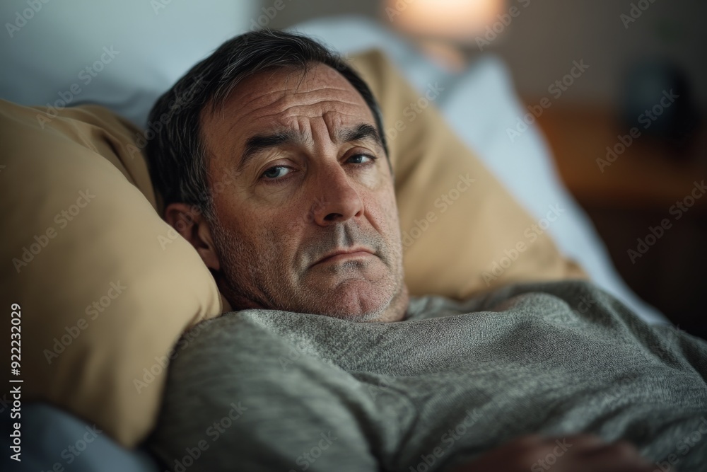 A close-up of an older man resting in bed, looking serious and contemplative, with pillows in the background. The image captures a moment of rest and introspection. A close-up of an older man resting in bed, looking serious and contemplative, with pillows in the background. The image captures a moment of rest and introspection.