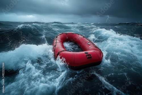 dramatic red inflatable raft battling turbulent stormtossed seas rainlashed waves crashing ominous dark clouds looming flashes of lightning illuminating treacherous waters photo