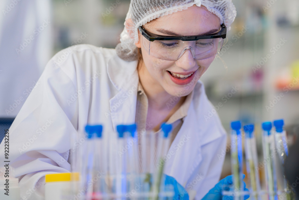female scientist Experimenting through tubes of chemical liquids and plant samples. In a laboratory with test samples in the background in a modern laboratory By testing safely and cleanly. female scientist Experimenting through tubes of chemical liquids and plant samples. In a laboratory with test samples in the background in a modern laboratory By testing safely and cleanly.