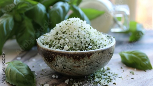 Close-up of a bowl of salt and mint. photo