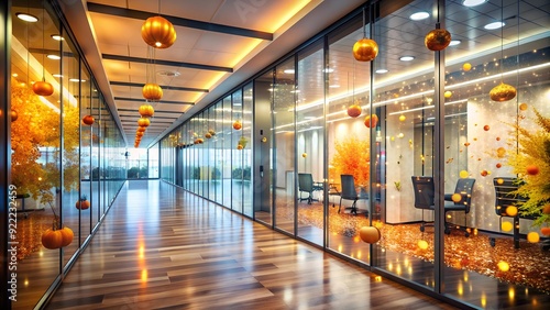 Blurred Modern Office Corridor with Glass Walls and Bright Lights. Perfect for: Thanksgiving, Modern Office, Corporate Settings, Business