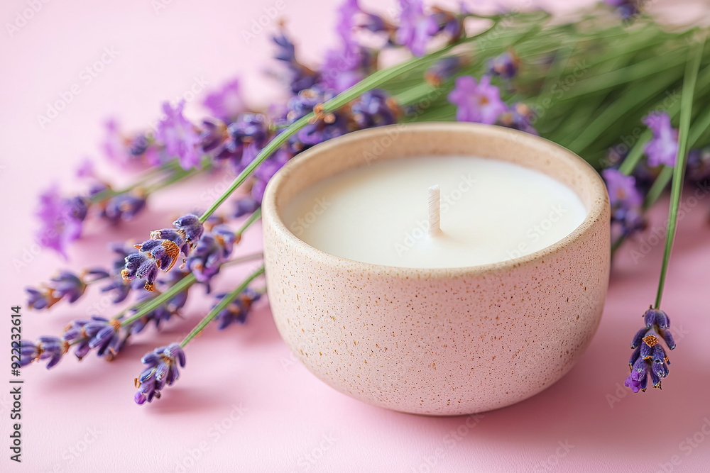 Container with wicks and lavender flowers on pink background. Making homemade candle Container with wicks and lavender flowers on pink background. Making homemade candle
