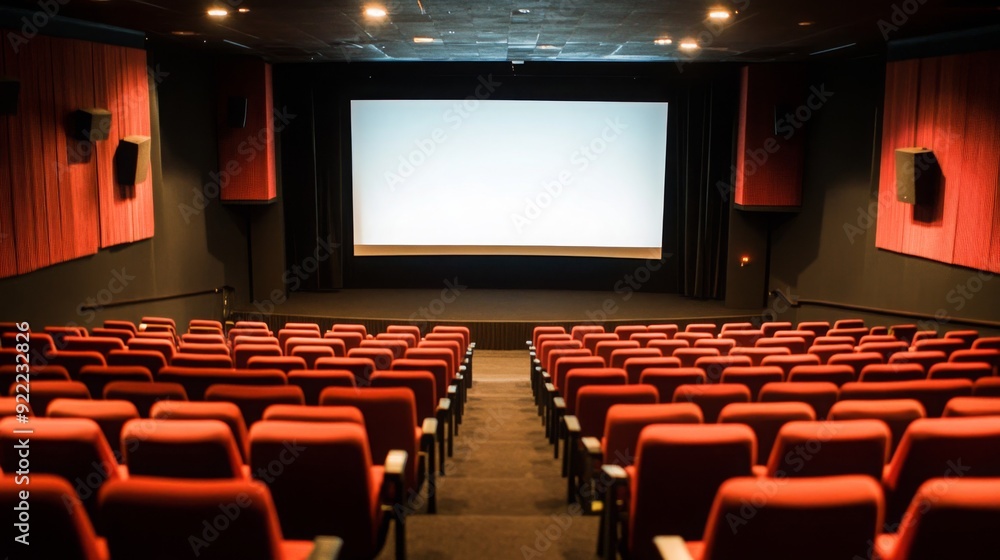 Obraz premium The theater features rows of red seats facing a large blank screen, with dim lighting creating a quiet atmosphere.