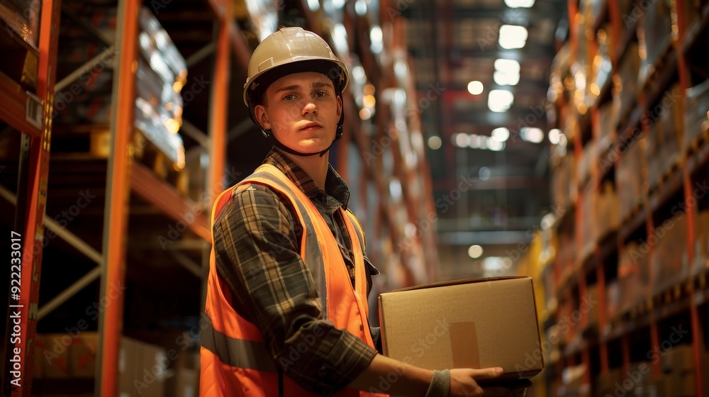 A young warehouse worker, wearing a hard hat and safety vest, is seen lifting a box with concentrated effort in a well-organized warehouse filled with shelves and inventory boxes. A young warehouse worker, wearing a hard hat and safety vest, is seen lifting a box with concentrated effort in a well-organized warehouse filled with shelves and inventory boxes.