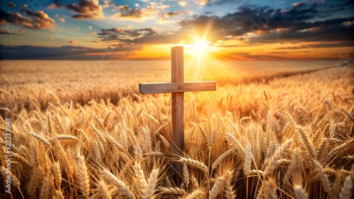 Thanksgiving Barley Field with Cross Background. Perfect for: Thanksgiving, Harvest Festivals, Religious Events, Autumn