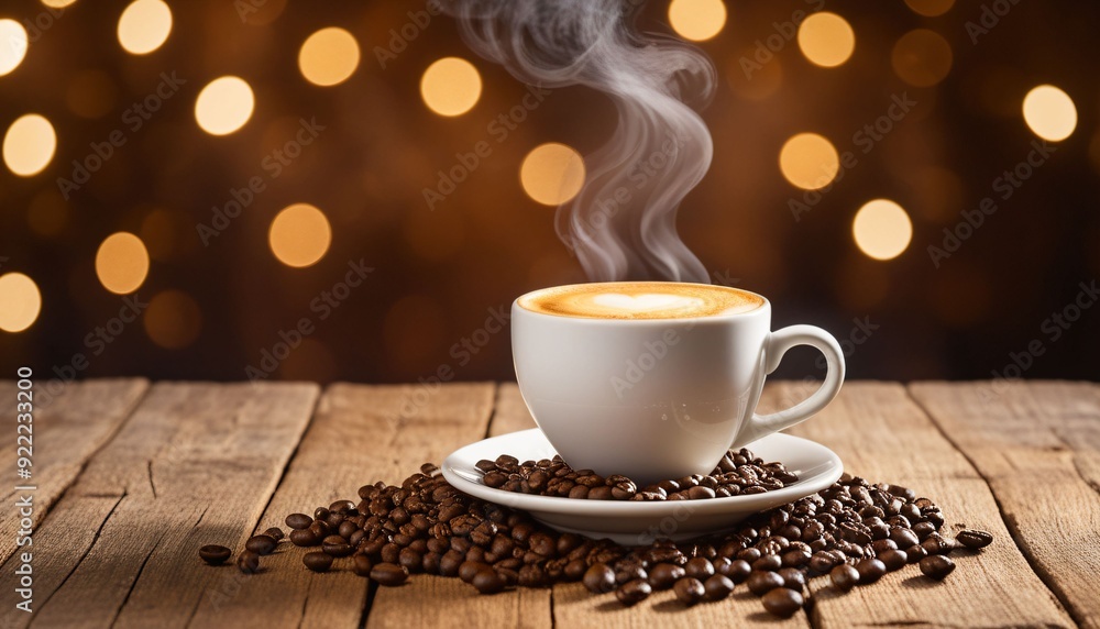Steaming coffee cup on a rustic table with scattered coffee beans_11 Generative AI Steaming coffee cup on a rustic table with scattered coffee beans_11 Generative AI