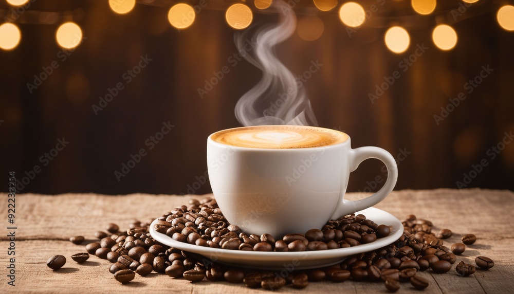 Steaming coffee cup on a rustic table with scattered coffee beans_8 Generative AI Steaming coffee cup on a rustic table with scattered coffee beans_8 Generative AI