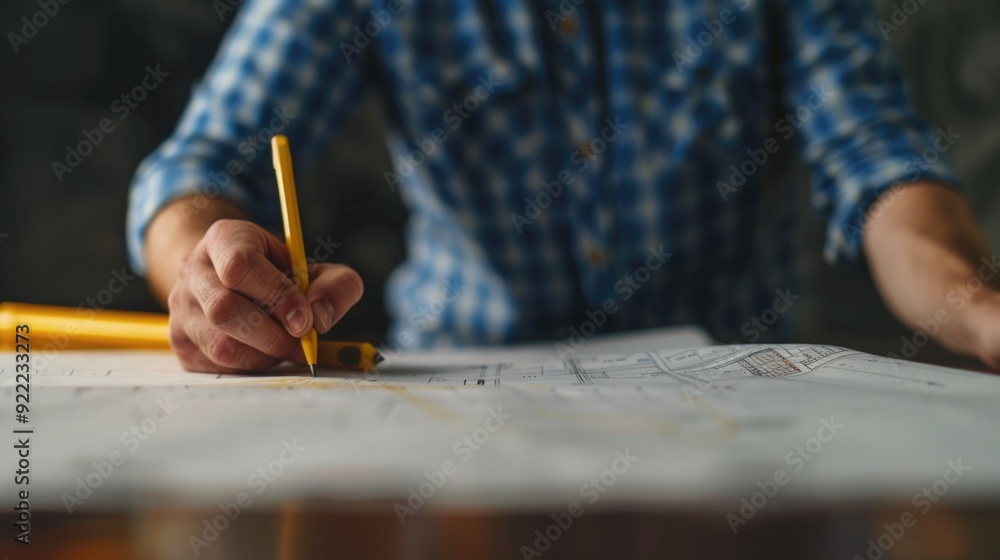 Detailed architectural blueprint plans being reviewed by professional architects or engineers on a desk with sketches diagrams and technical documents Detailed architectural blueprint plans being reviewed by professional architects or engineers on a desk with sketches diagrams and technical documents