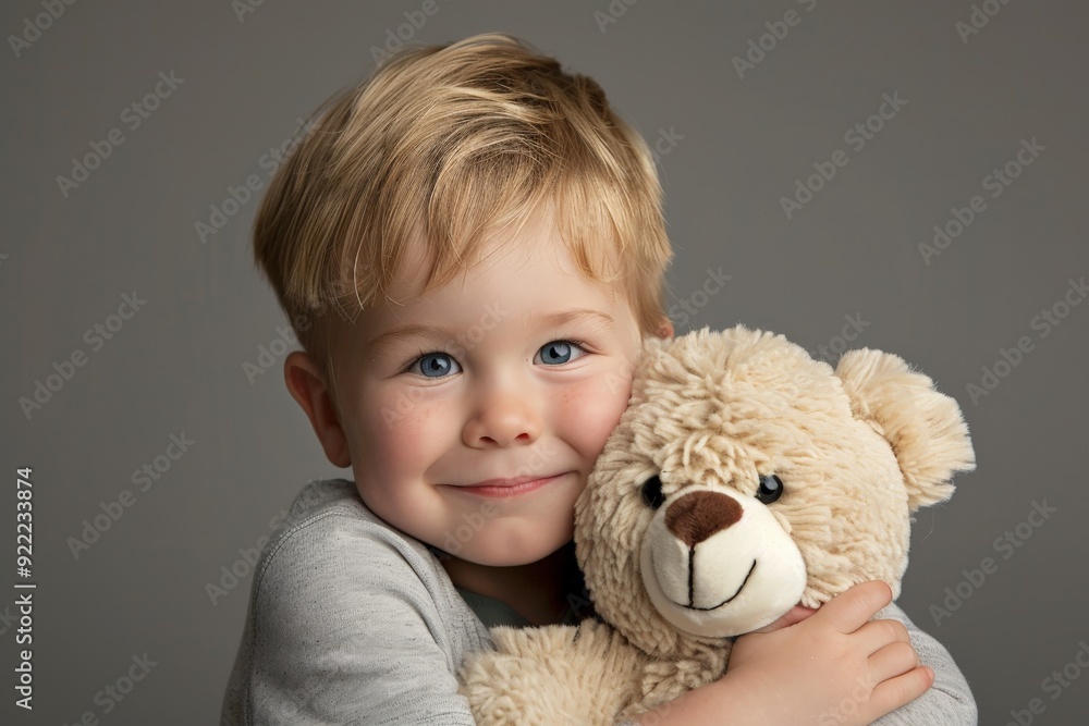 A joyful young boy with blonde hair tightly hugs a fluffy teddy bear while smiling warmly, set against a neutral gray background creating a subtle backdrop. A joyful young boy with blonde hair tightly hugs a fluffy teddy bear while smiling warmly, set against a neutral gray background creating a subtle backdrop.