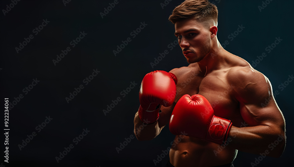 Strong muscular boxer in red boxing gloves stand on black background, copy space for text Strong muscular boxer in red boxing gloves stand on black background, copy space for text