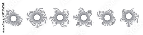Vector circular sound waves. Acoustic amplitude music icons. Infrasound ultrasound symbols, speed of sound. Editable stroke thin line black set on white background.