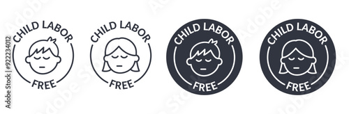 Vector icons child labor free. World day against child labor stamp with text. Boy and girl symbols. Editable stroke thin line and black solid set on white background.