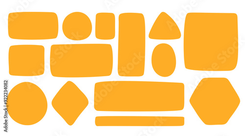 Vector organic shapes. Hand drawing box for text. Yellow doodle bubble wavy banner. Abstract quote asymmetrical shape. Set blank geometric elements for design: circle oval triangle rectangle hexagon.
