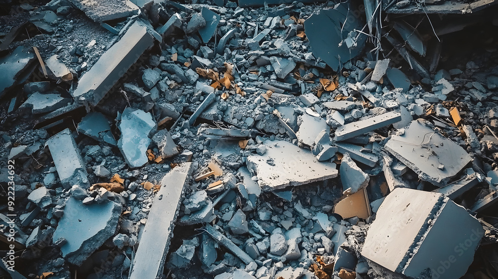 Debris of crumbled building with scattered concrete and steel Debris of crumbled building with scattered concrete and steel