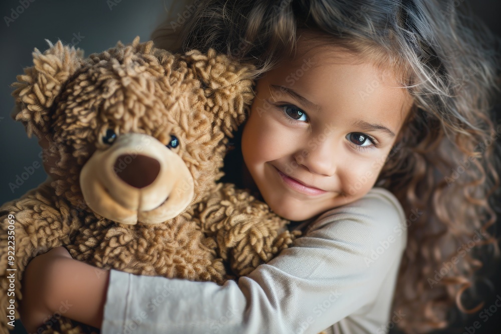 A child with curly hair joyfully hugs a teddy bear in an indoor setting, capturing a warm and affectionate moment, showcasing the deep bond between the child and the toy. A child with curly hair joyfully hugs a teddy bear in an indoor setting, capturing a warm and affectionate moment, showcasing the deep bond between the child and the toy.