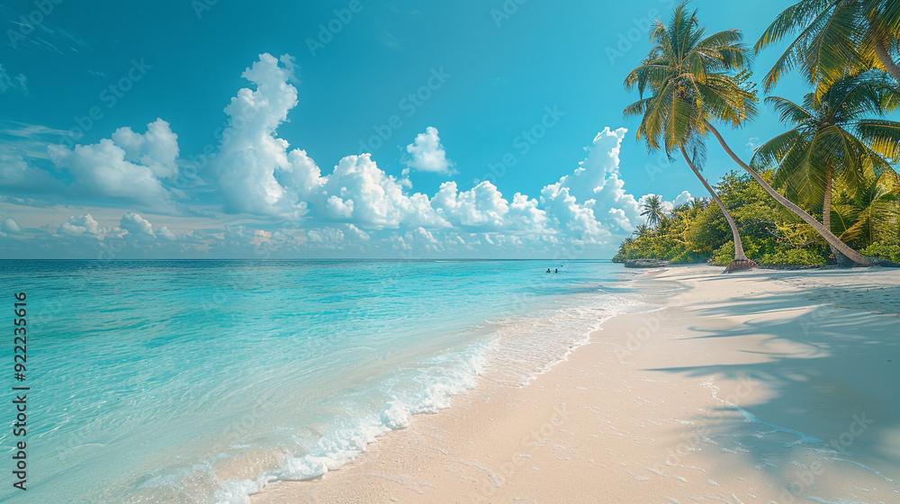 Fototapeta premium tropical beach scene, sandy beach, palm trees blue sky and water, holiday, tourism concept