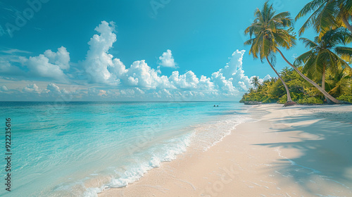 tropical beach scene, sandy beach, palm trees blue sky and water, holiday, tourism concept