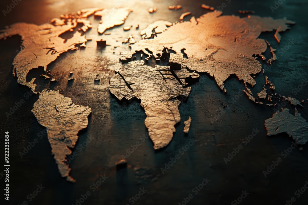 Abstract World Map with Metallic Texture and Warm Light Abstract World Map with Metallic Texture and Warm Light