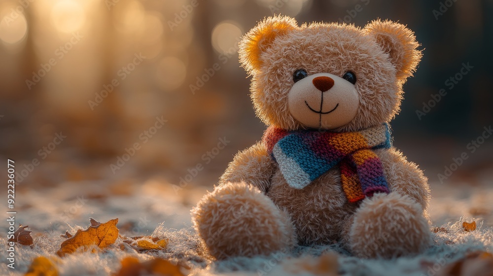 Teddy bear wearing scarf sitting in autumn leaves enjoying golden sunlight Teddy bear wearing scarf sitting in autumn leaves enjoying golden sunlight