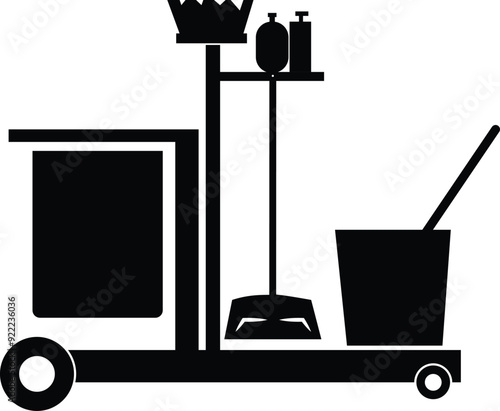 Cleaning Cart icon. Cleaning of trolley sign. Toilet trolley with broom and dustpan symbol. Cleaning service cart logo. flat style.