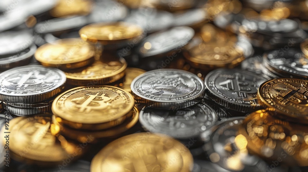 A close-up image of assorted coins highlighting both gold and silver variants, perfect for financial or investment themed projects. A close-up image of assorted coins highlighting both gold and silver variants, perfect for financial or investment themed projects.