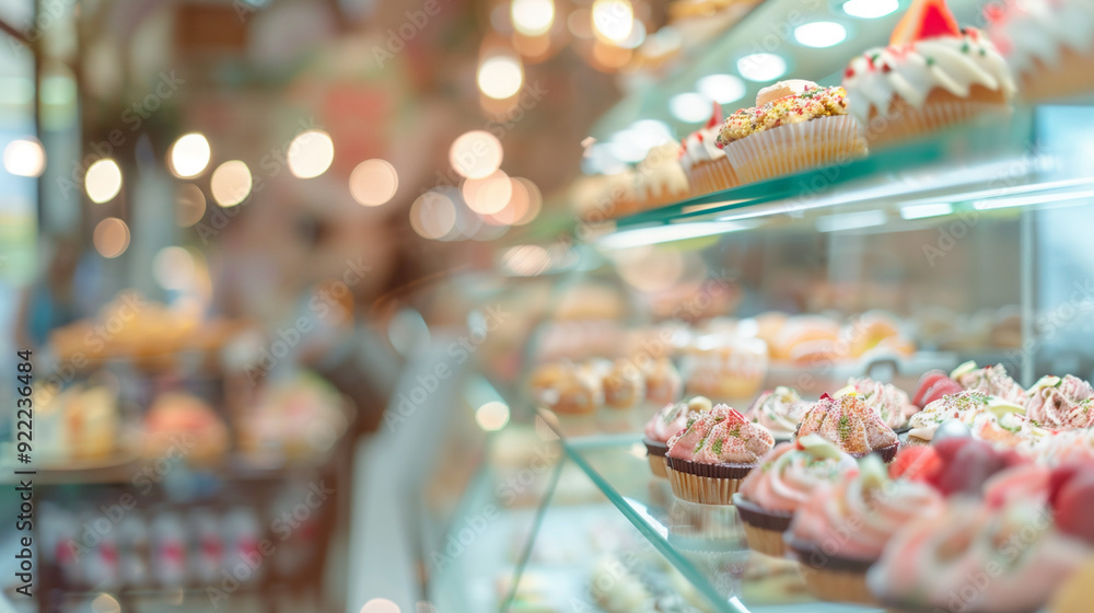 Blurred background image of pastry shop interior. Defocused view of pastry shop window, copy space. Blurred background image of pastry shop interior. Defocused view of pastry shop window, copy space.