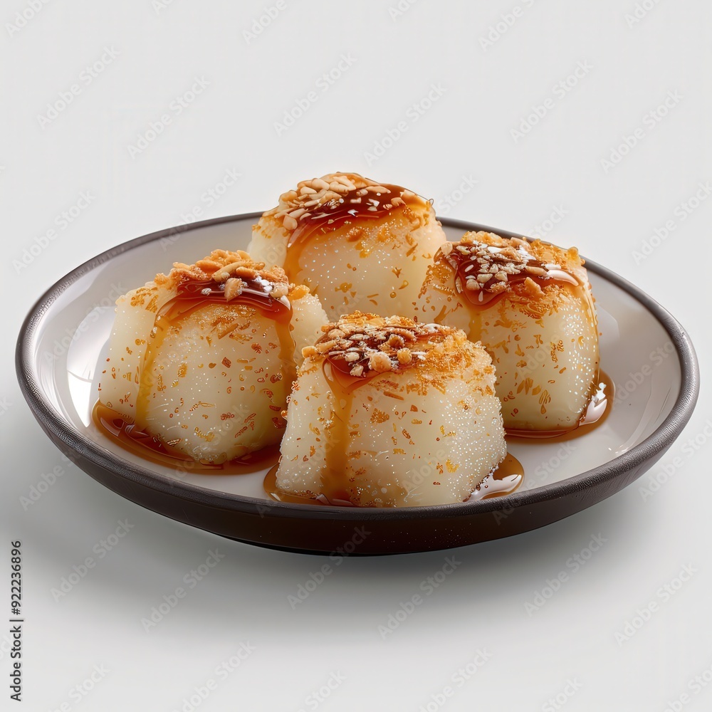 Plate of Thai Crispy Rice Cakes (Khao Tan) with Caramel Sauce on White Background, Food Magazine Style Photography