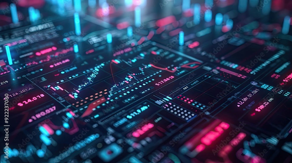 Abstract digital data visualization with vibrant colors showcasing market trends and analytics in a futuristic design. Abstract digital data visualization with vibrant colors showcasing market trends and analytics in a futuristic design.