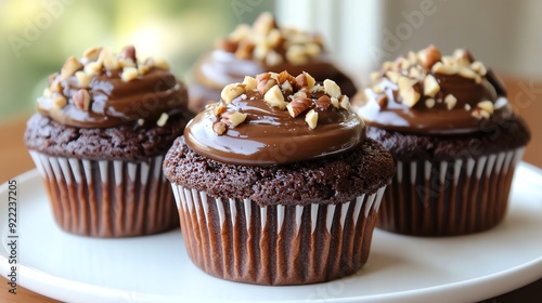 Chocolate moussefilled cupcakes with a brownie muffin base, topped with a drizzle of ganache and chopped nuts, chocolate mousse brownie muffins, rich dessert layers