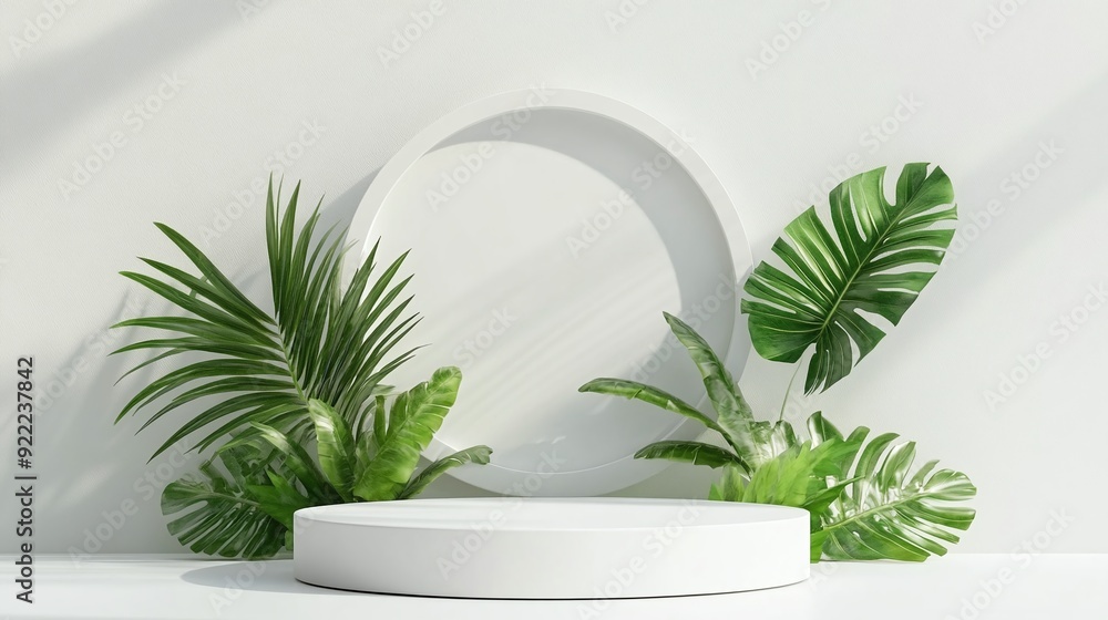Round white podium mockup against a white background, featuring green plants Round white podium mockup against a white background, featuring green plants