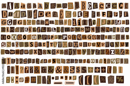 Anonymous collage brown paper color criminal Letters, numbers and punctuation marks cut from newspapers and magazines. Detective vector fonts alphabet. Vintage elements for your design in trendy style