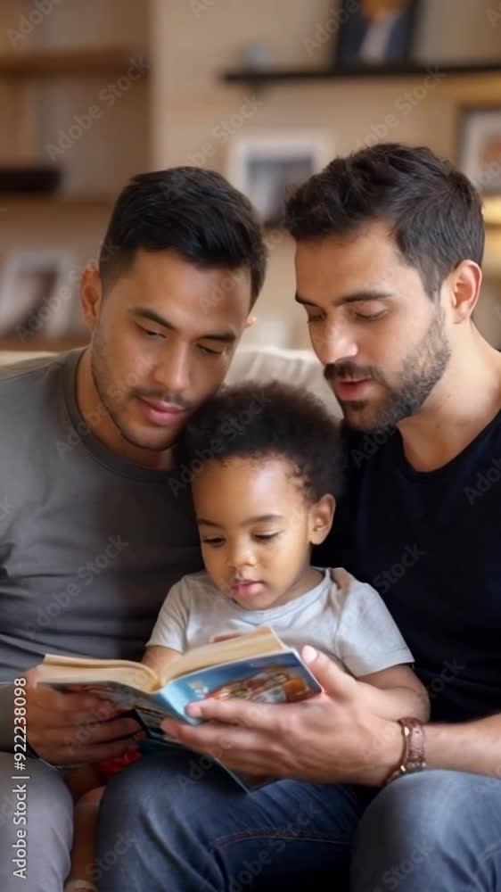 A gay couple sitting on a sofa with their son, are lovingly reading a storybook to their child. A gay couple sitting on a sofa with their son, are lovingly reading a storybook to their child.