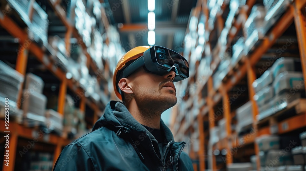 Logistics technician, AR glasses, inspecting inventory, smart warehouse. Logistics technician, AR glasses, inspecting inventory, smart warehouse.