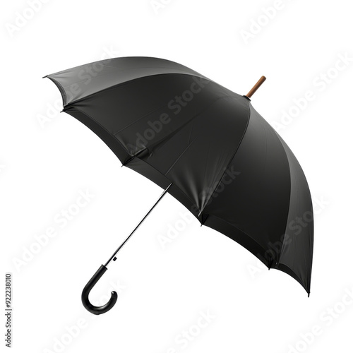 Isolated Black Umbrella with Wooden Handle and Curved Grip.