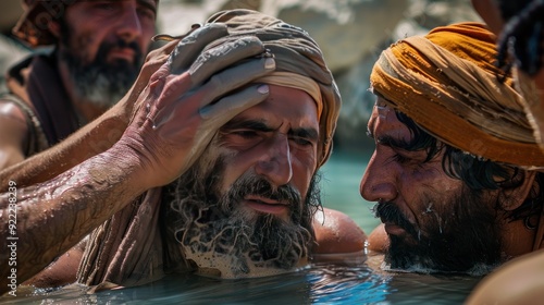 Jesus healing blind man, mud on eyes, Pool of Siloam, gaining sight. photo