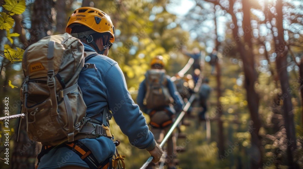 Naklejka premium Business team outdoor adventure, hiking, ropes course, team bonding.